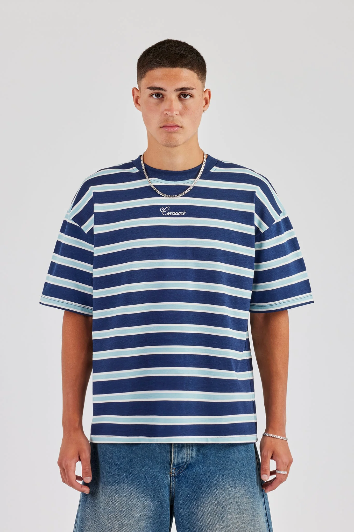 Oversized Stripe T-Shirt - Navy - Image 2