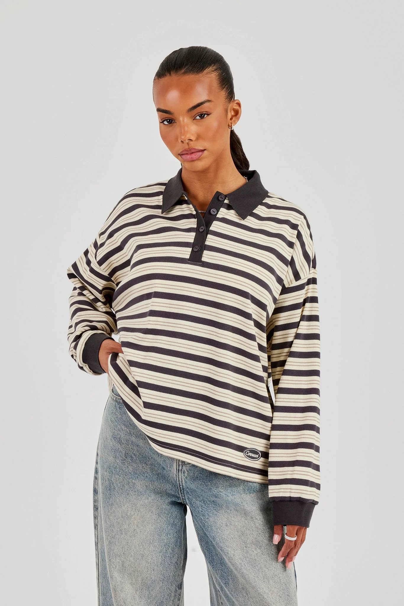 Oversized Textured Stripe Polo Top - Grey