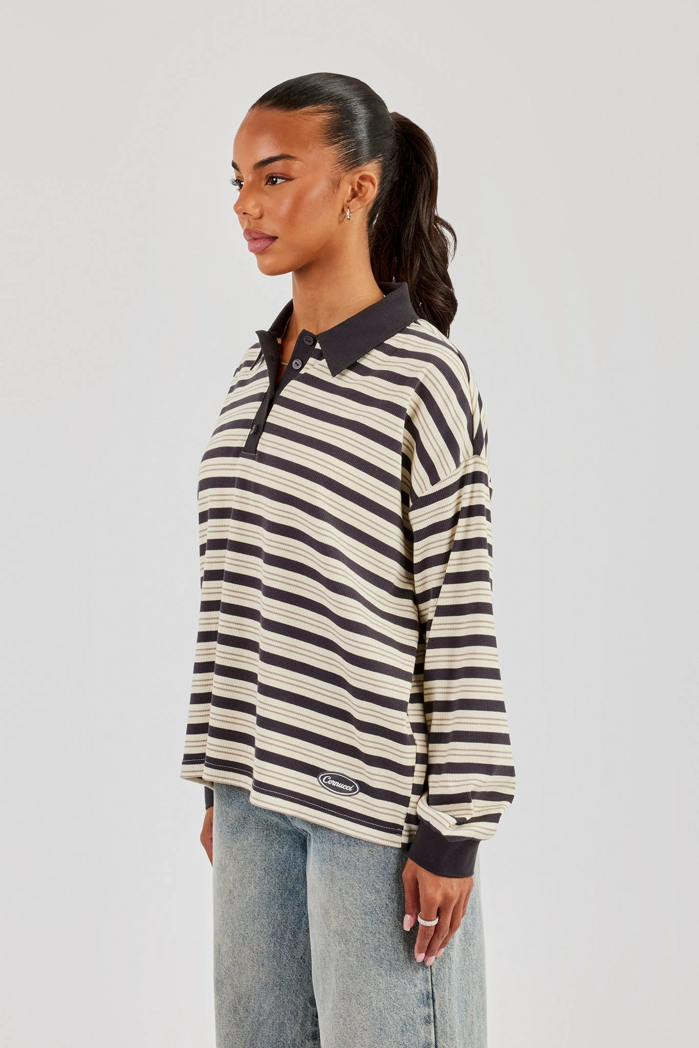Oversized Textured Stripe Polo Top - Grey - Image 2