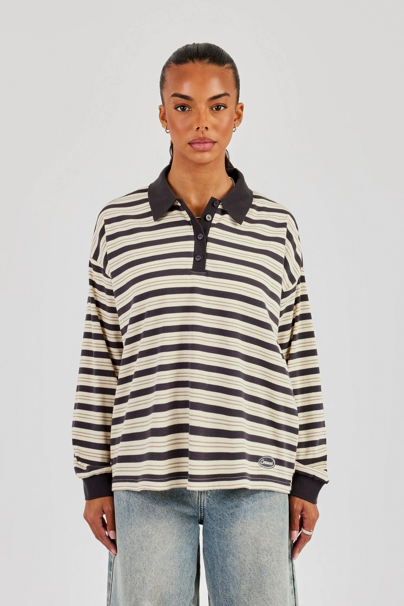 Oversized Textured Stripe Polo Top - Grey - Image 3