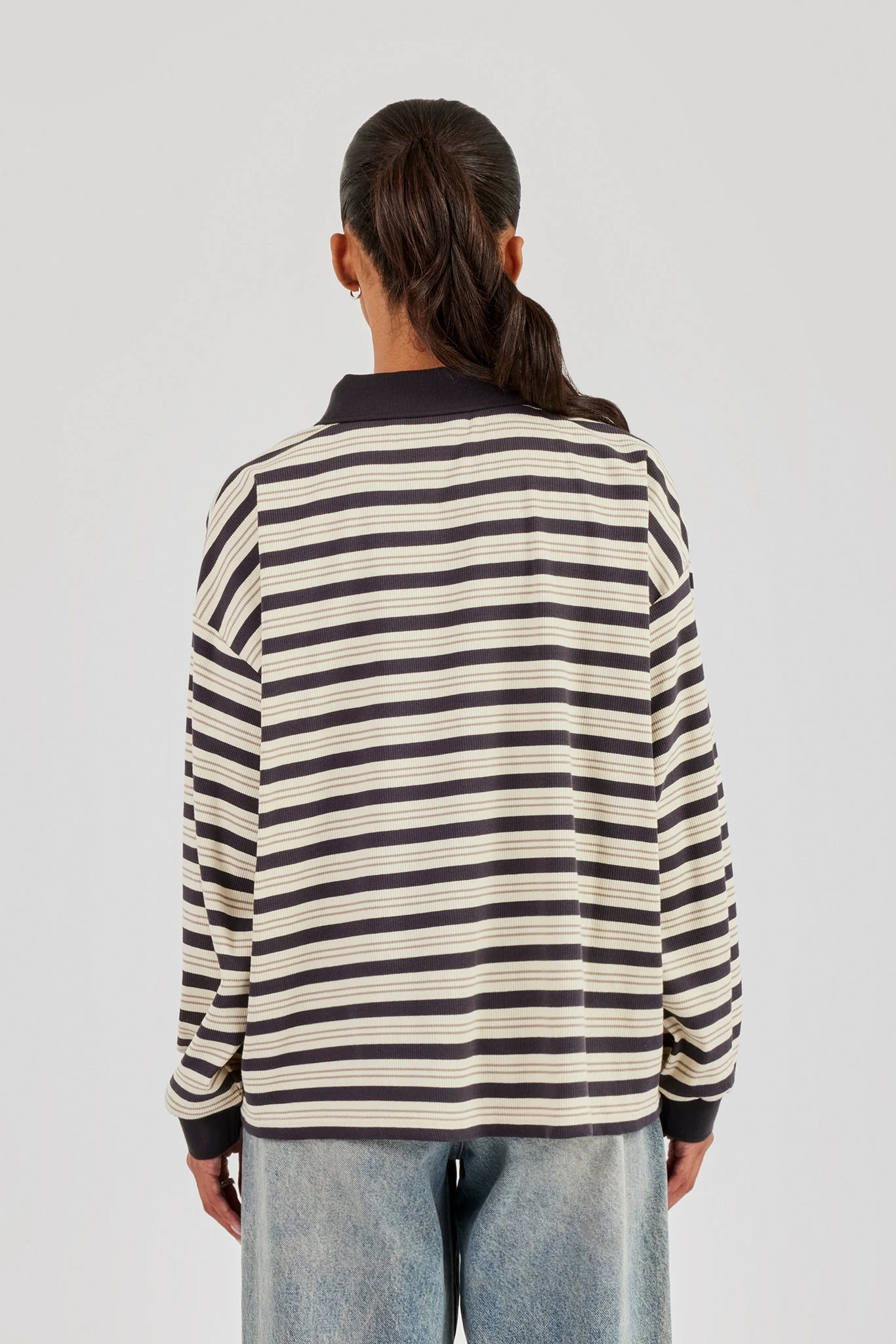 Oversized Textured Stripe Polo Top - Grey - Image 4
