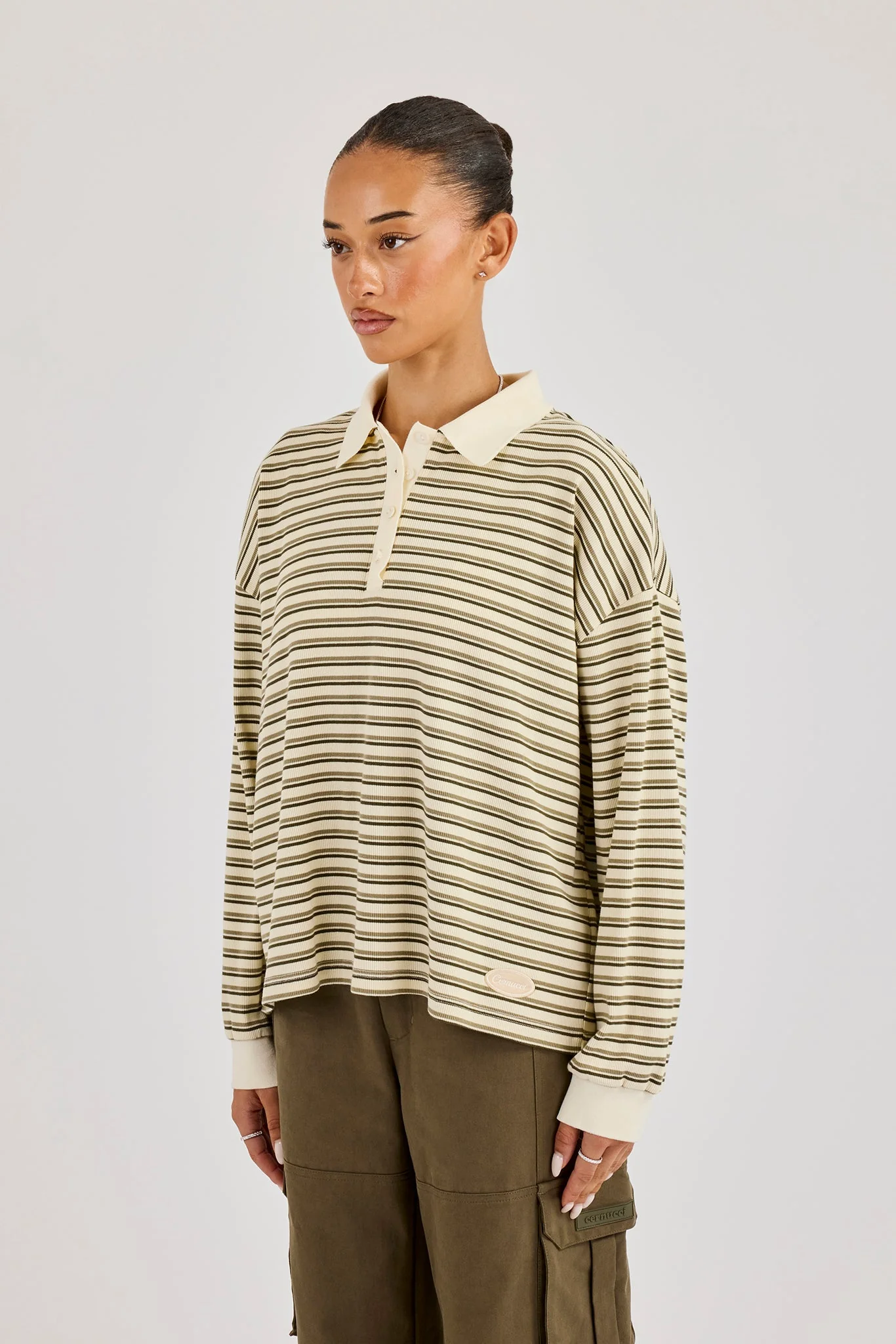 Oversized Textured Stripe Polo Top - Khaki - Image 3