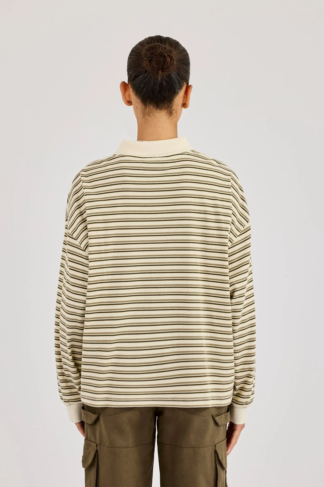 Oversized Textured Stripe Polo Top - Khaki - Image 4
