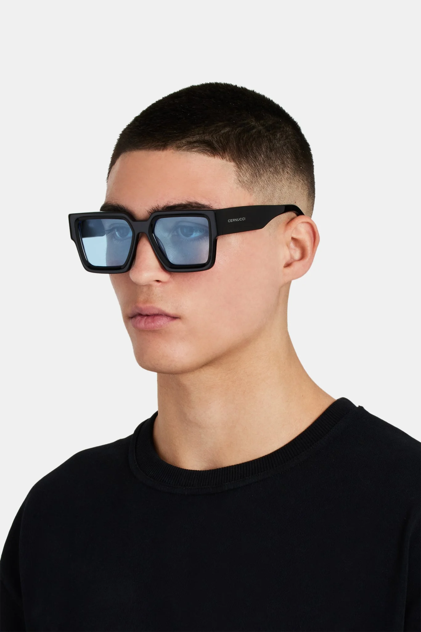 Oversized Thick Frame Blue Acetate Sunglasses - Black - Image 2