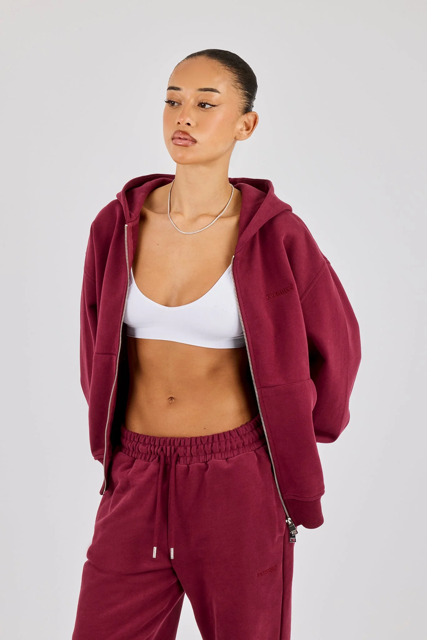 Oversized Zip Through Hoodie - Burgundy - Image 2