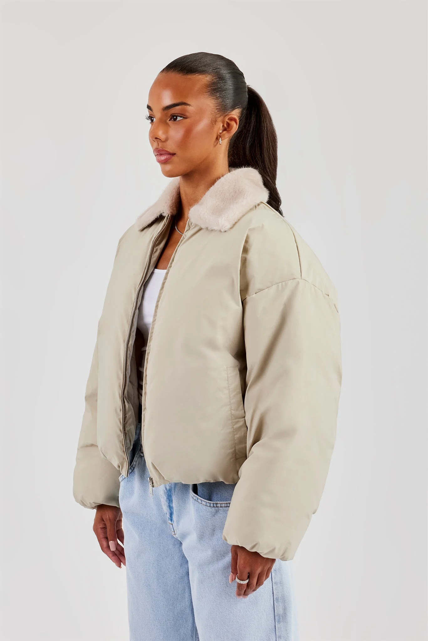 Padded Bomber With Fur Collar - Sage - Image 2