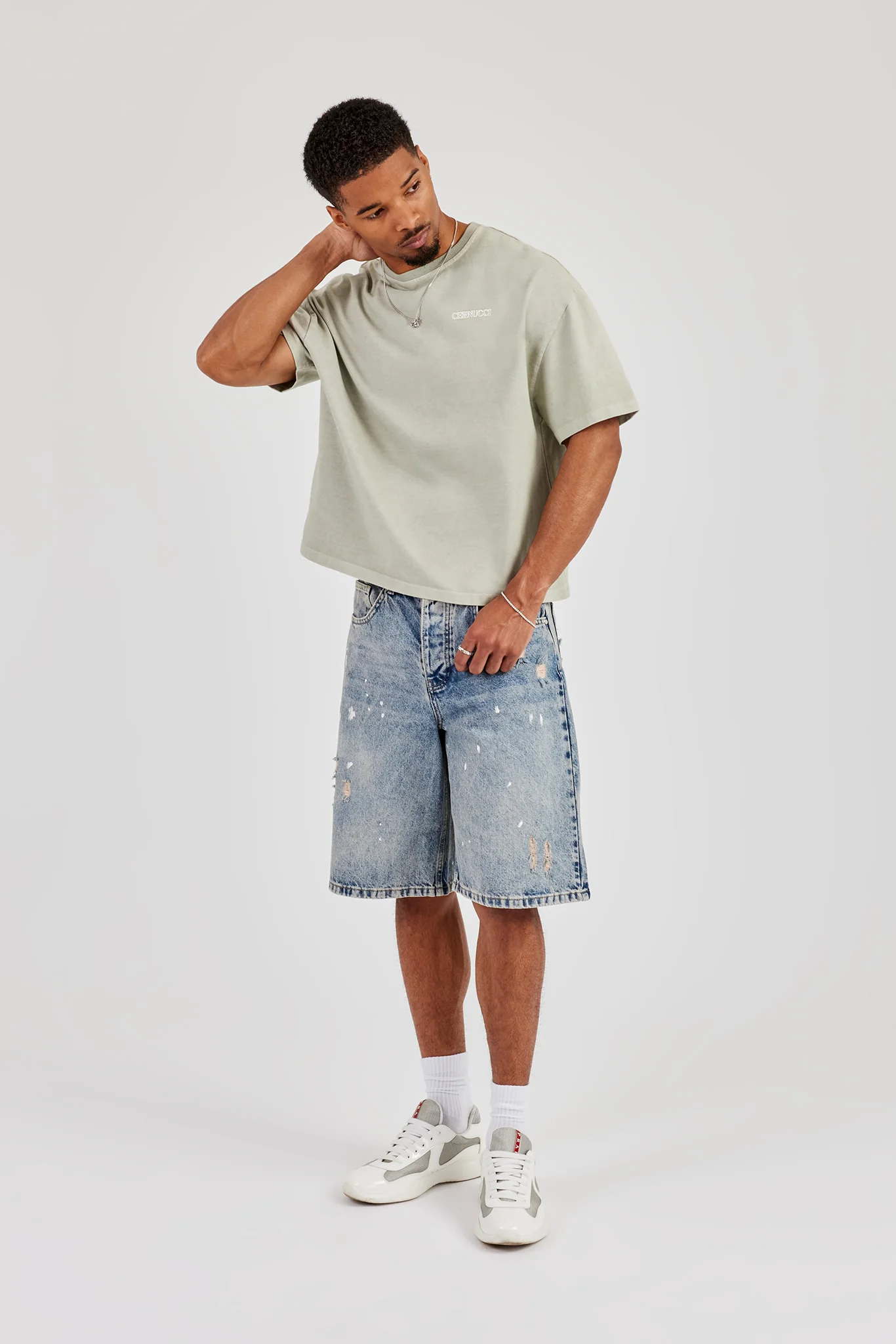 Paint Splatter Denim Bermuda Jorts - Antique Wash - Image 6