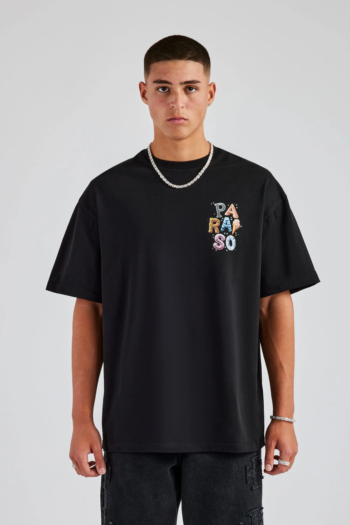 Paraiso Letter Rhinestone Oversized T-Shirt - Black - Image 2