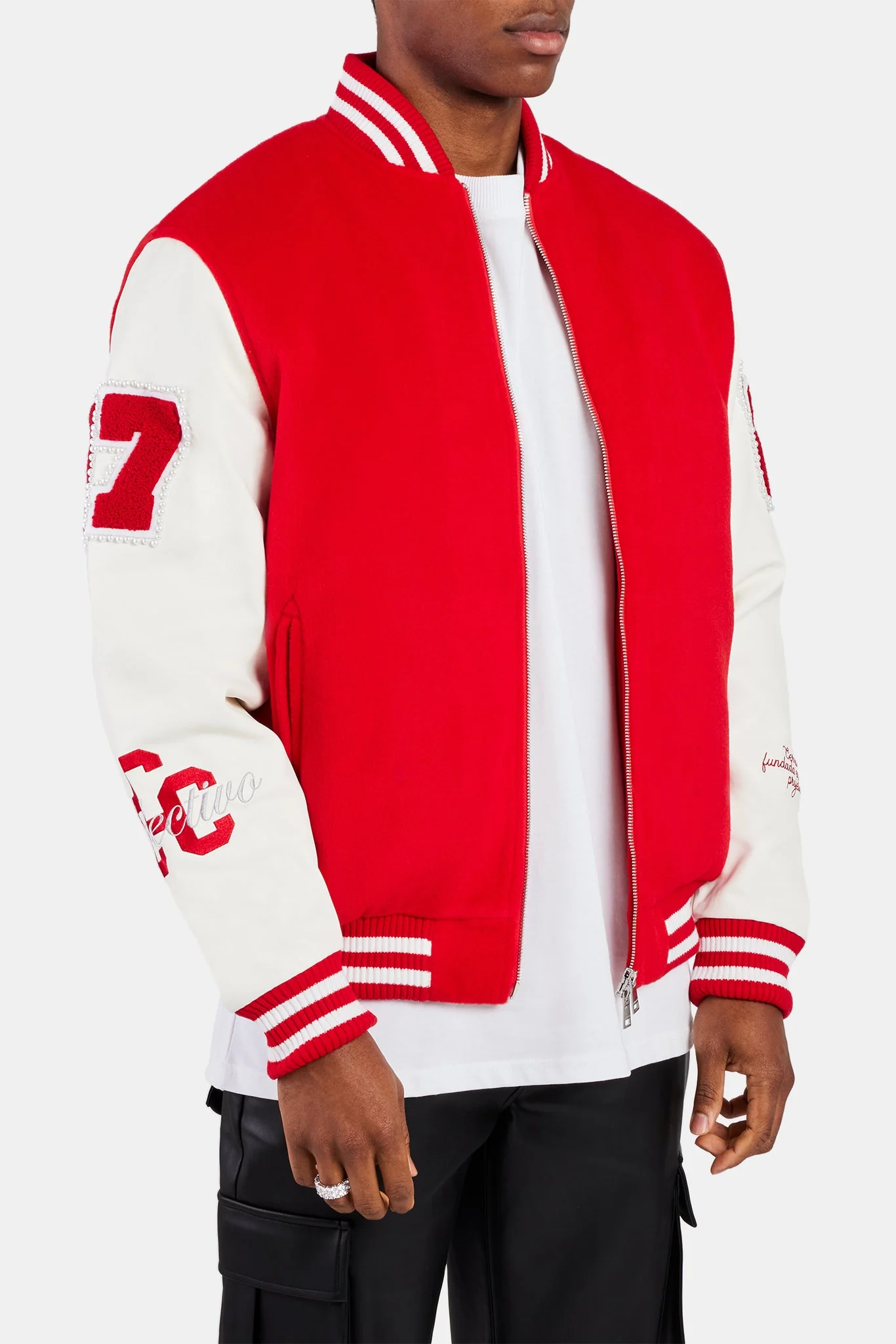 Pearl Embellished Bomber Jacket - Red - Image 5