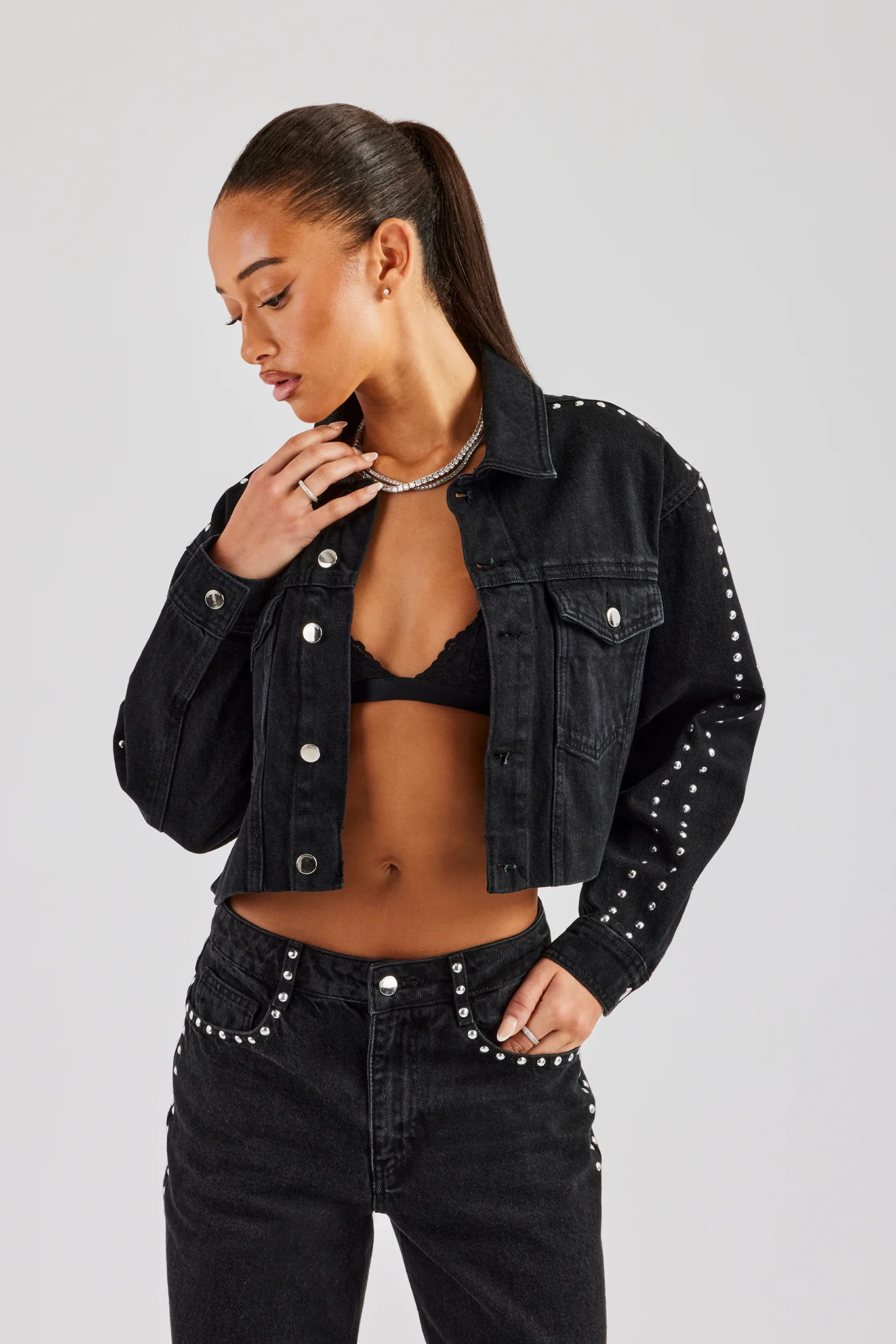 Pearl Stud Cropped Denim Jacket & Flare Jean - Washed Black - Image 2