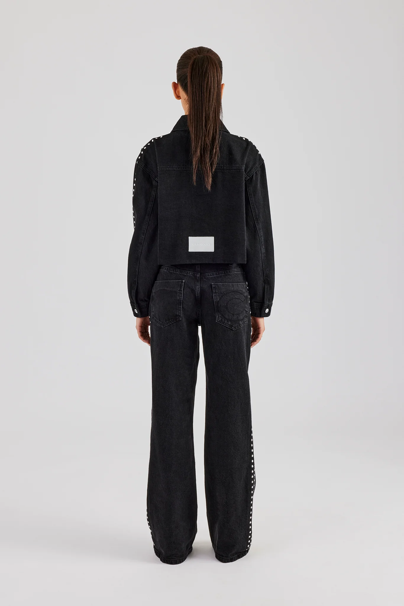Pearl Stud Cropped Denim Jacket & Flare Jean - Washed Black - Image 3