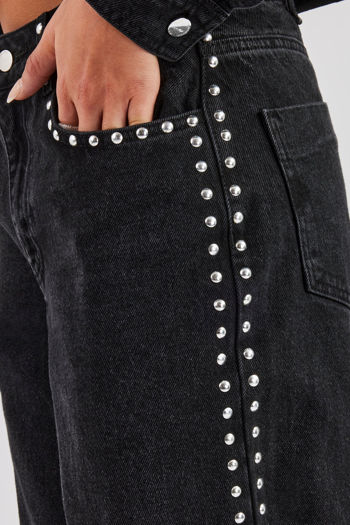Pearl Stud Cropped Denim Jacket & Flare Jean - Washed Black - Image 4