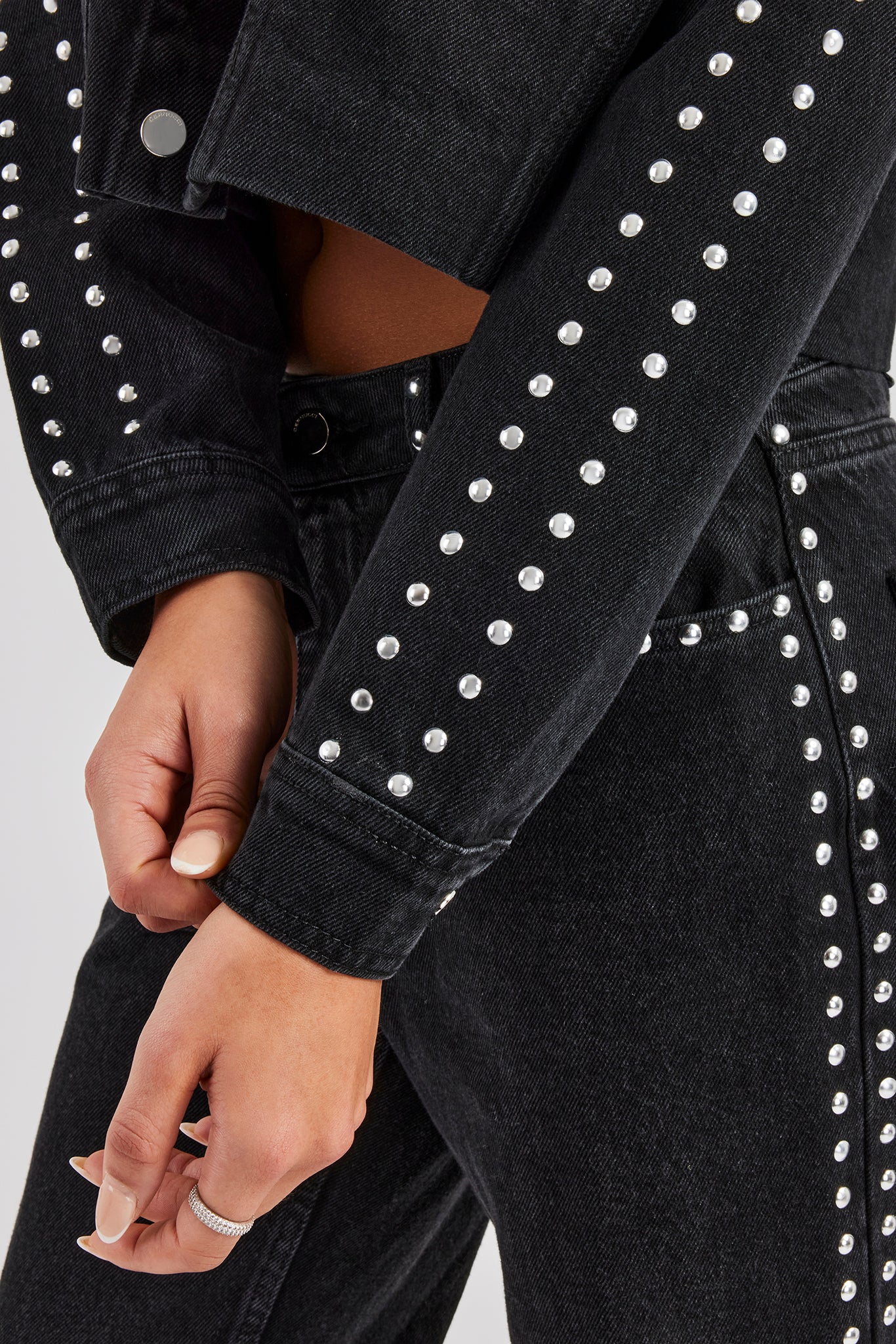 Pearl Stud Cropped Denim Jacket & Flare Jean - Washed Black - Image 5