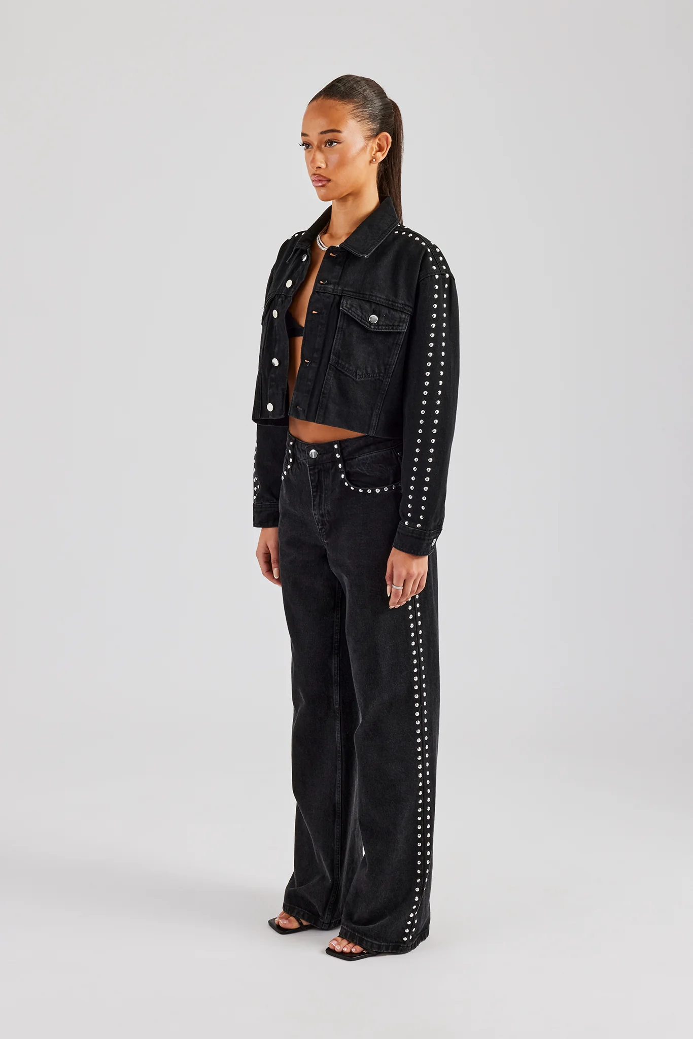 Pearl Stud Cropped Denim Jacket & Flare Jean - Washed Black - Image 6