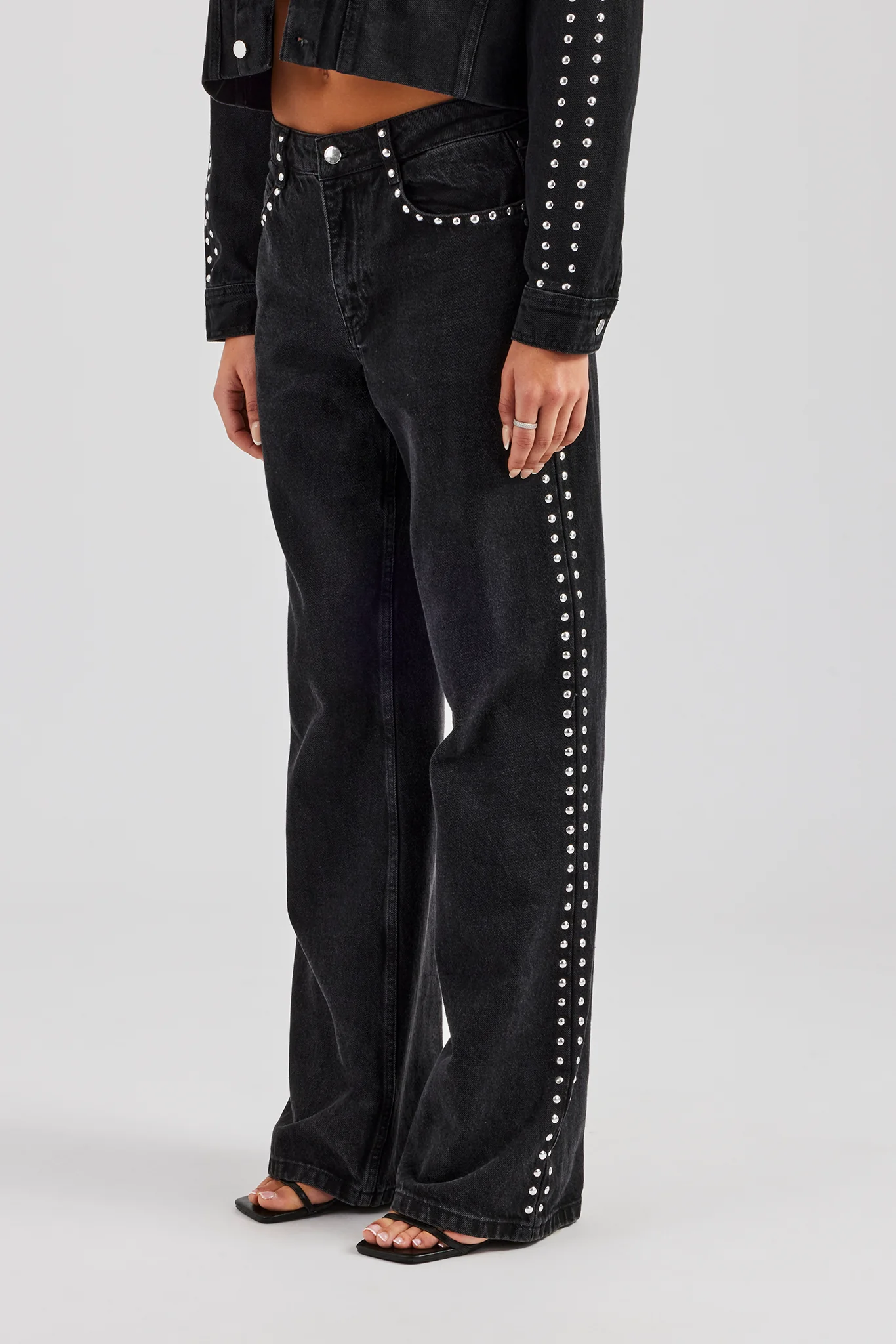 Pearl Stud Cropped Denim Jacket & Flare Jean - Washed Black - Image 7