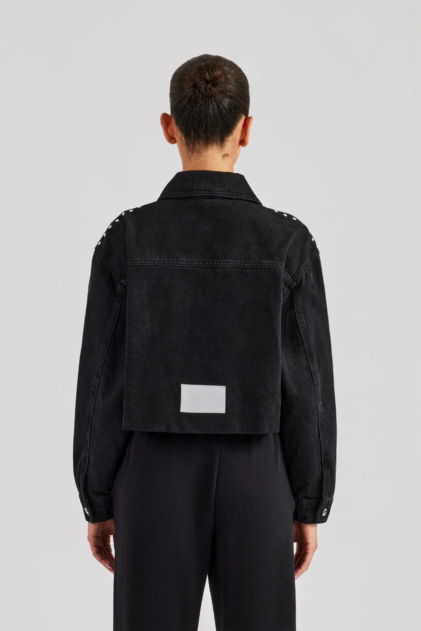 Stud Cropped Denim Jacket - Washed Black - Image 3