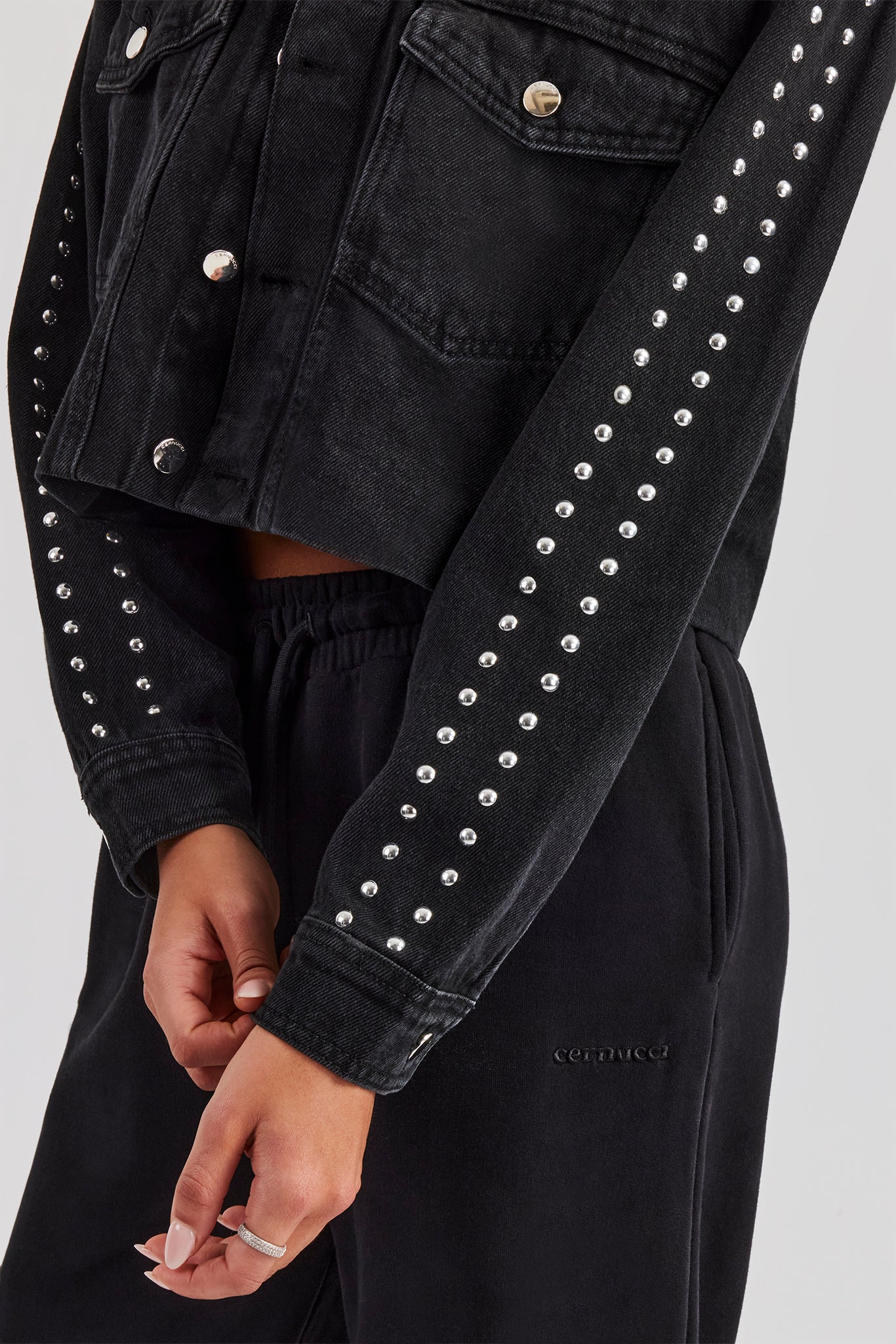 Stud Cropped Denim Jacket - Washed Black - Image 4