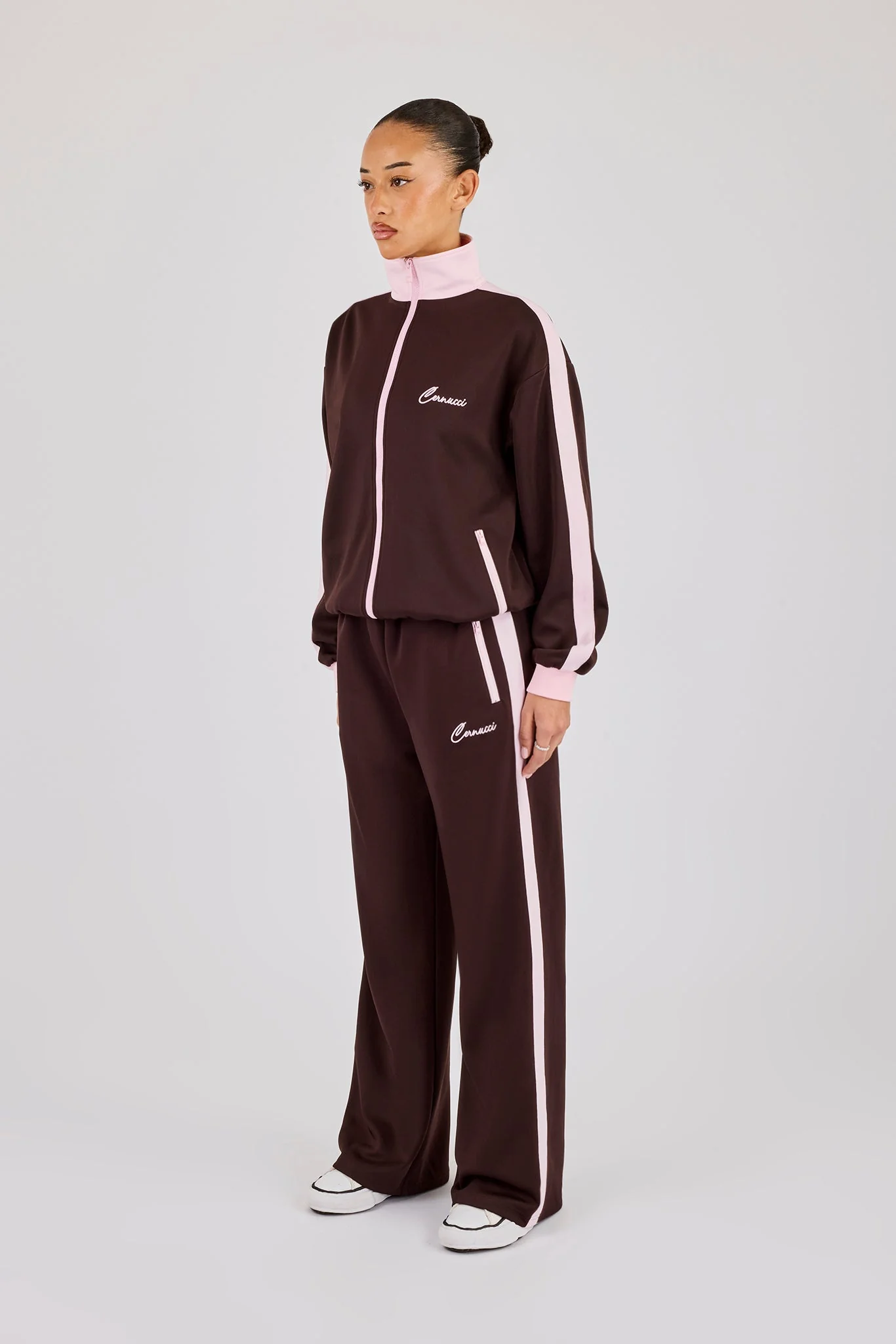 Pink Contrast Rib Panel Tracksuit - Chocolate - Image 3