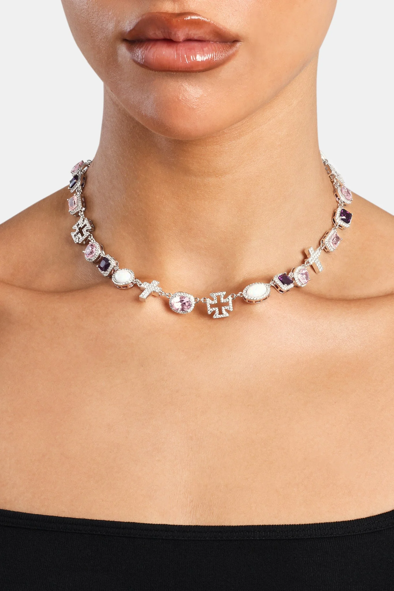 Pink Gemstone & Cross Motif Chain - White - Image 2