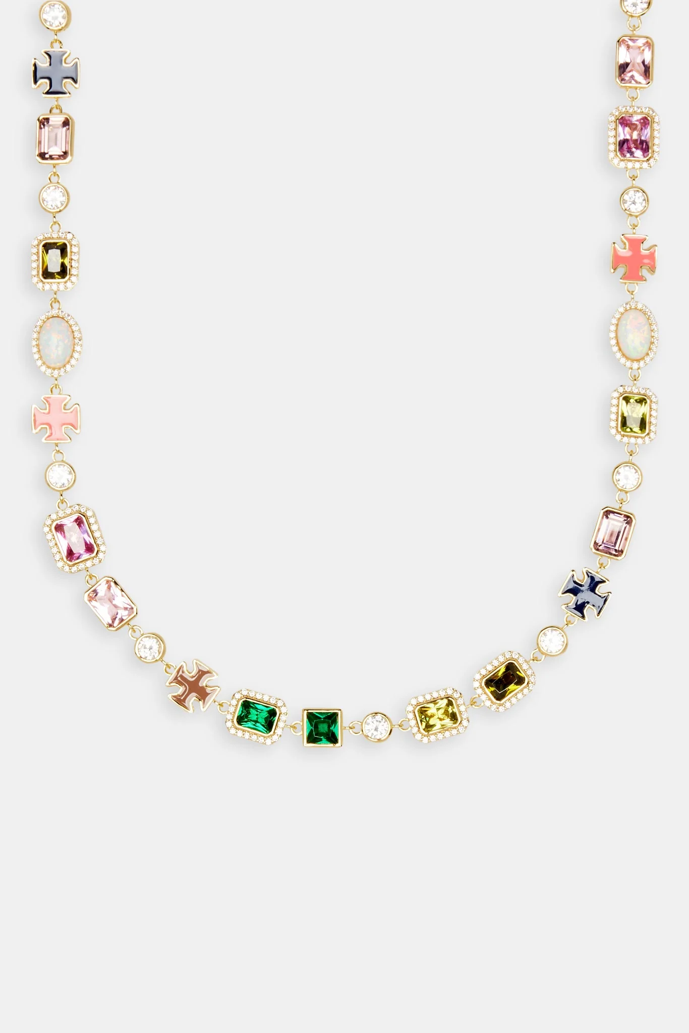 Pink & Green Multi Gem Stone Motif Necklace & Bracelet - Gold - Image 2