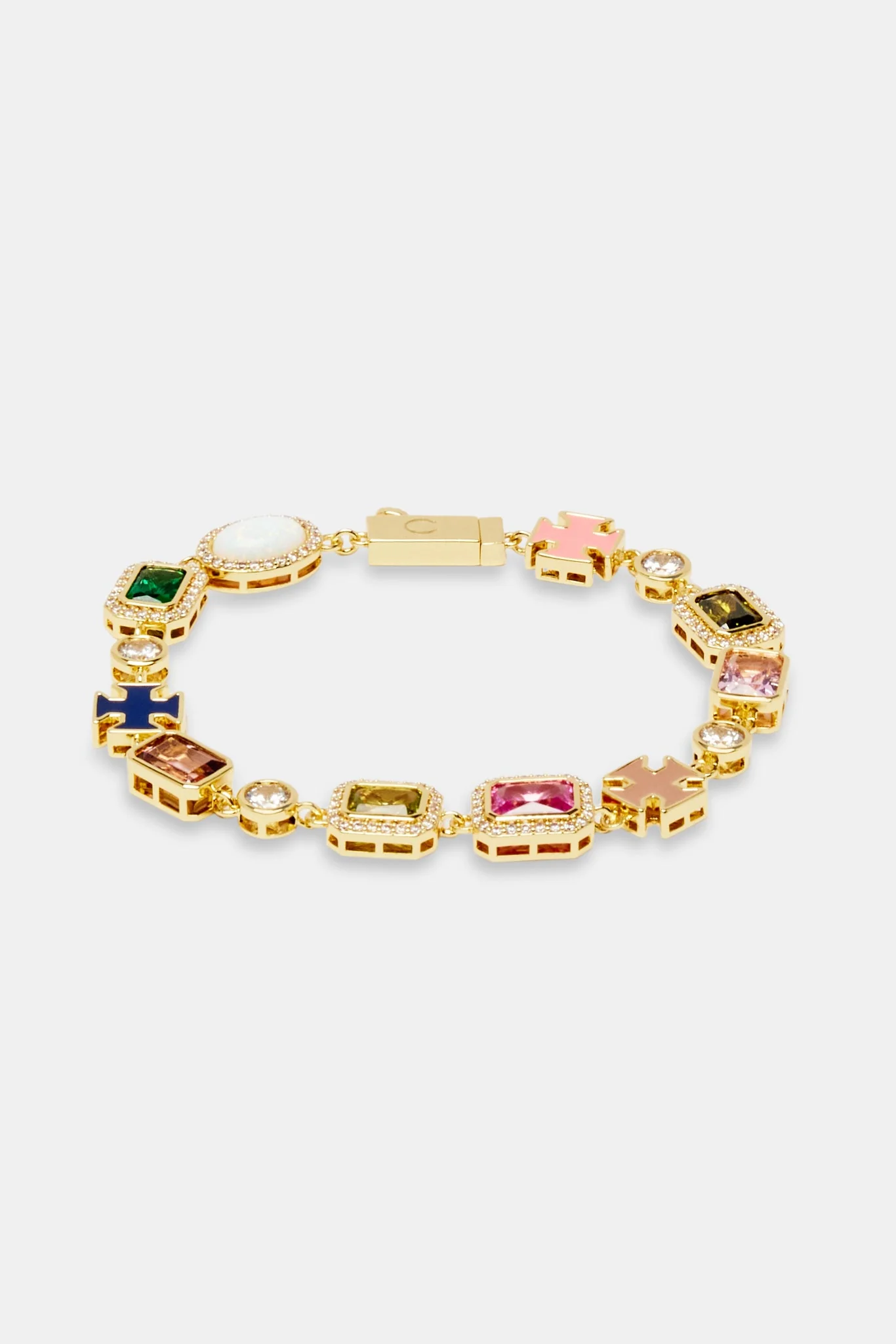 Pink & Green Multi Gem Stone Motif Necklace & Bracelet - Gold - Image 3