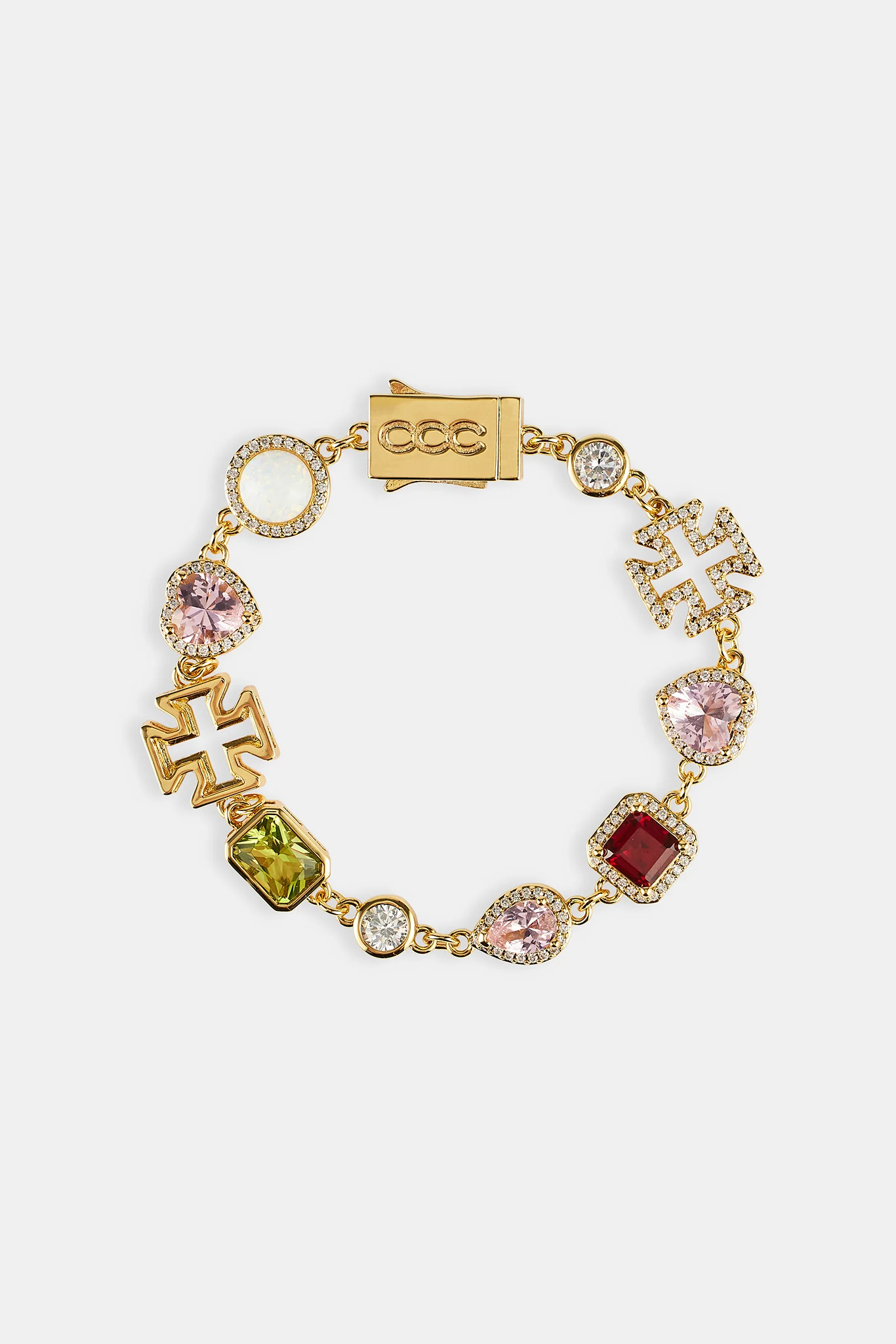 Pink Heart Multi Gem Bracelet - Gold - 10mm - Image 2