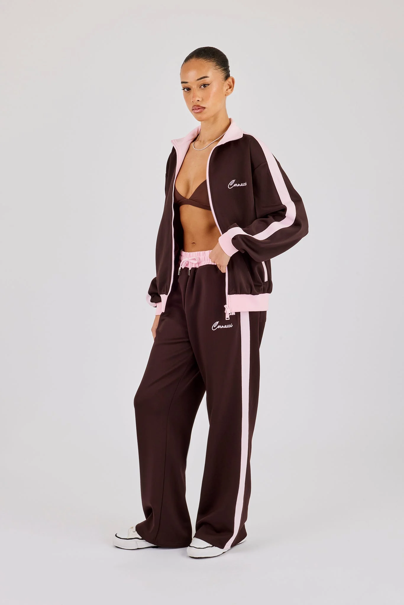 Pink Rib Contrast Track Pant - Chocolate - Image 4