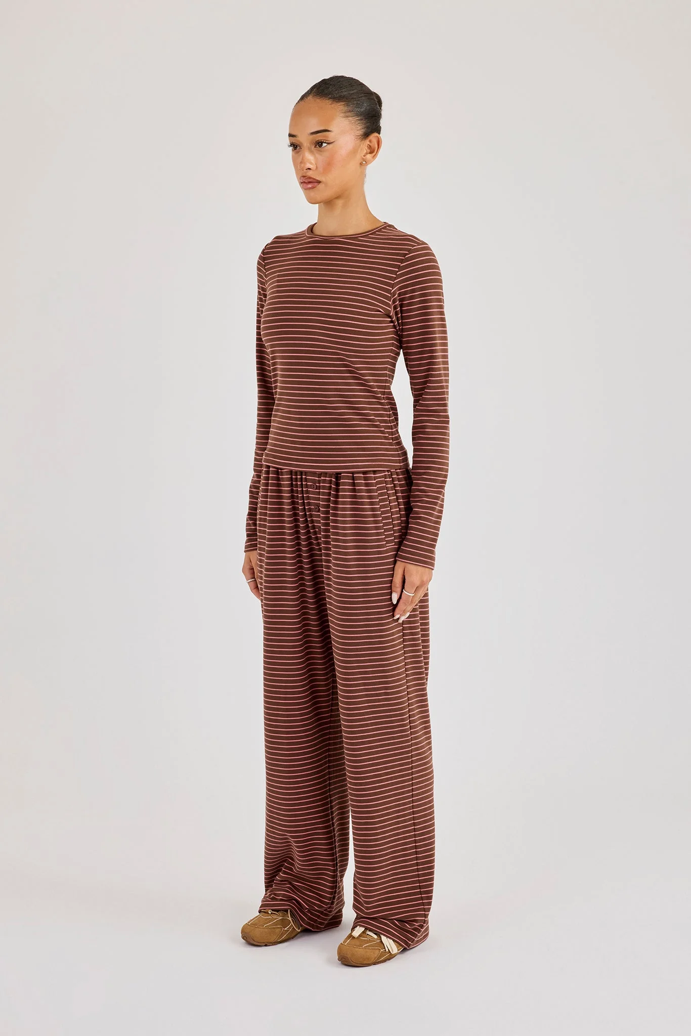 Pink Stripe Soft Touch Long Sleeve Top & Button Detail Wide Leg Jogger - Chocolate - Image 2