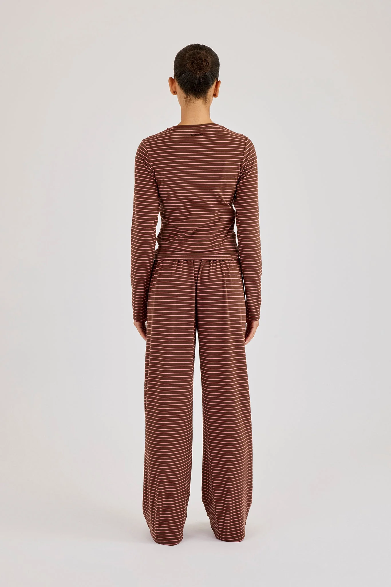Pink Stripe Soft Touch Long Sleeve Top & Button Detail Wide Leg Jogger - Chocolate - Image 4