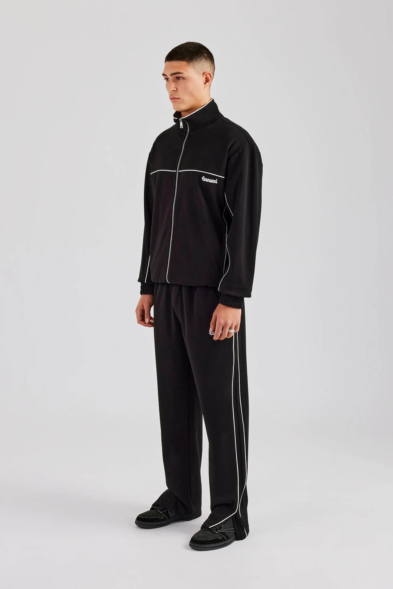 Piping Zip Through Jacket & Trouser - Black - Image 2
