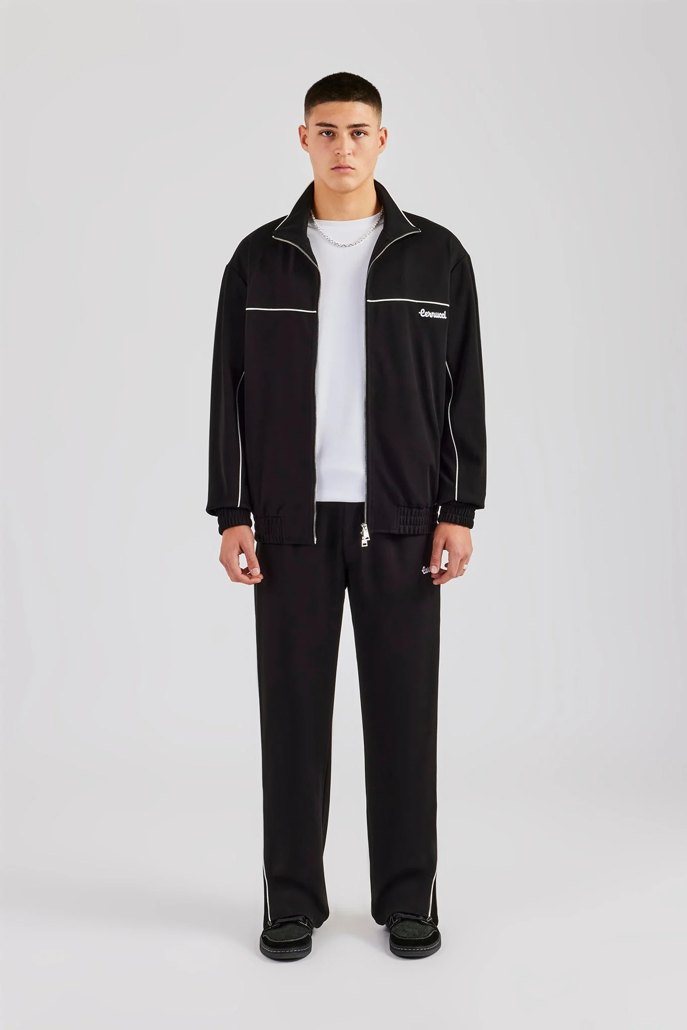 Piping Zip Through Jacket & Trouser - Black - Image 3