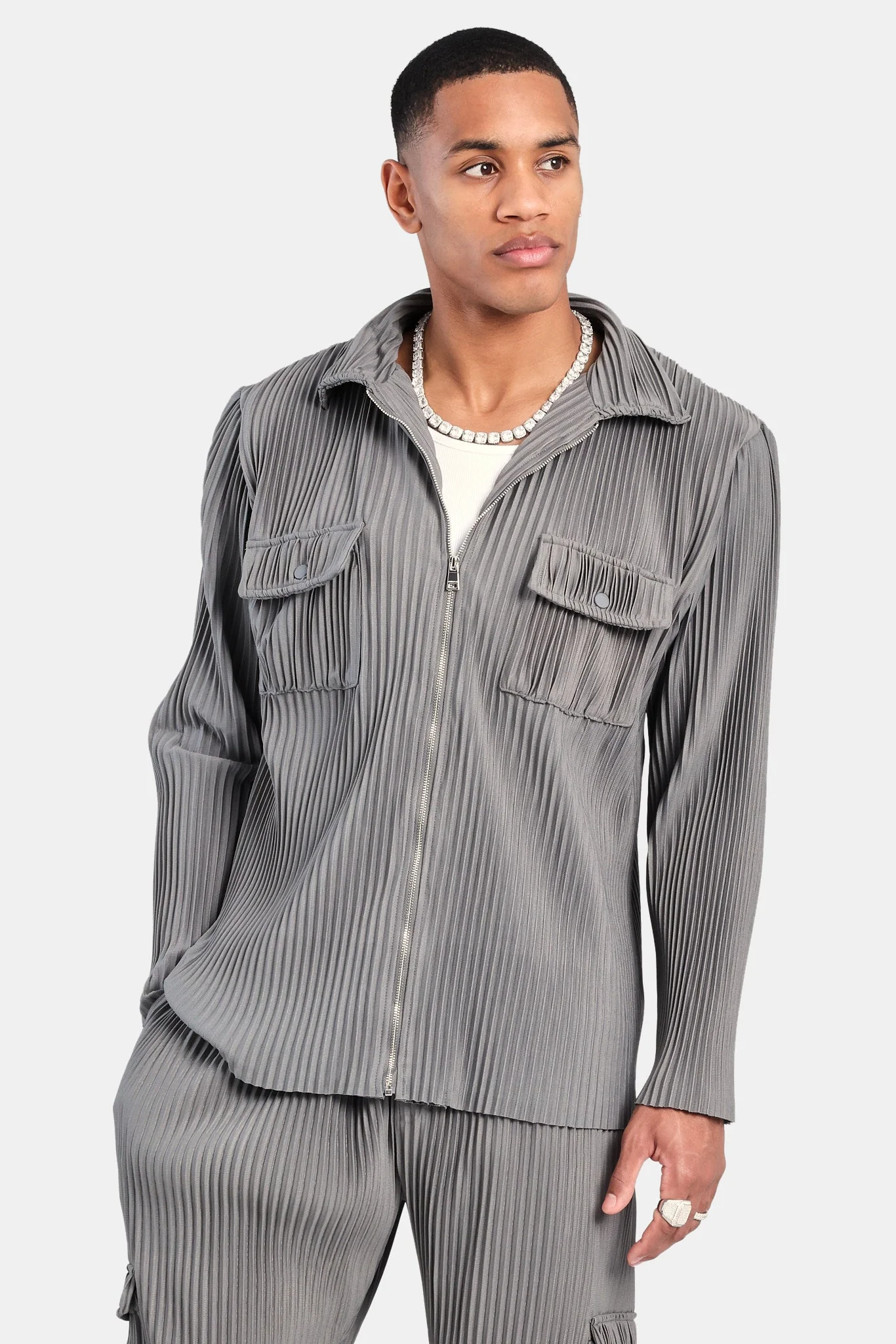 Pleated Utility Jacket - Dark Grey