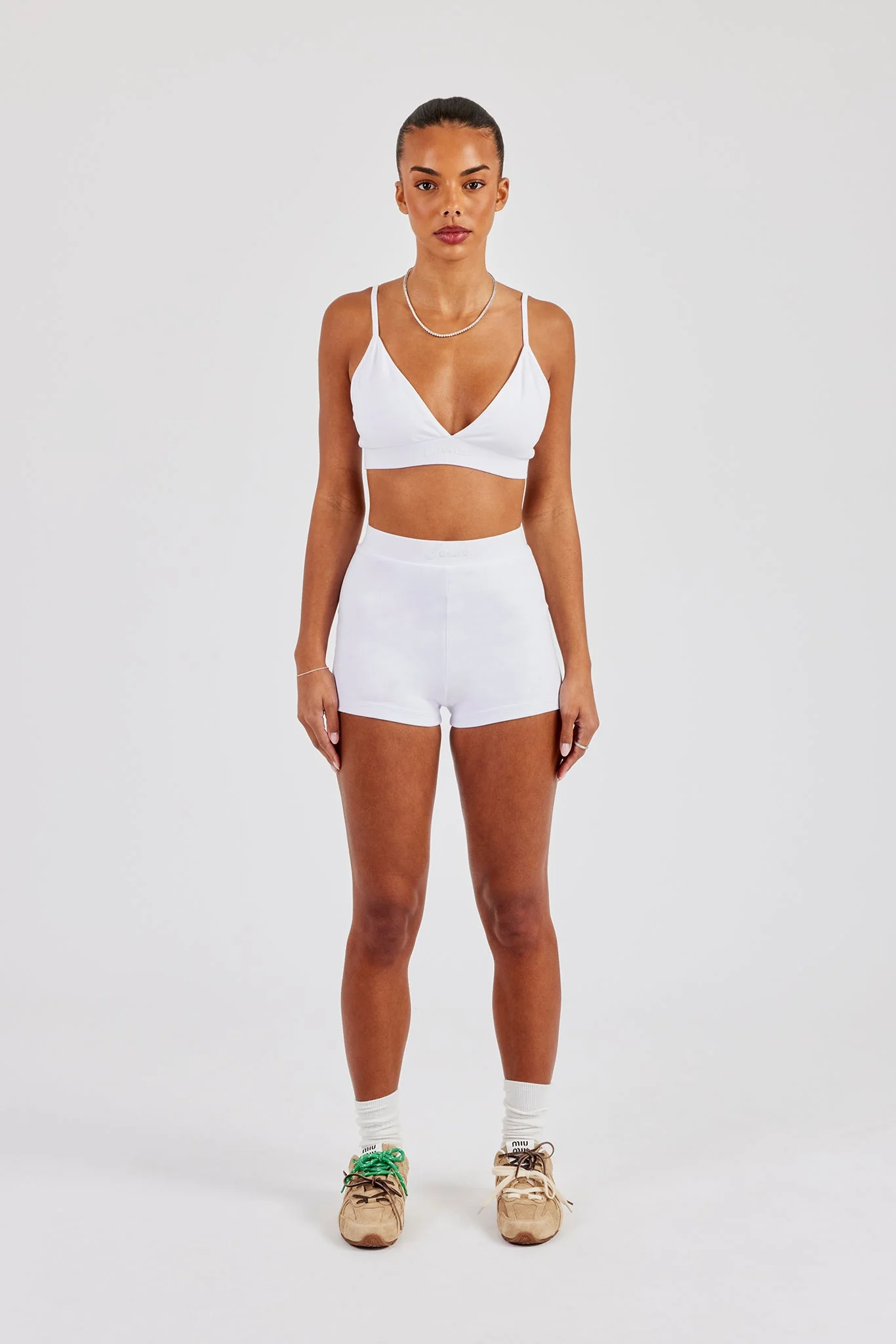 Plunge Front Bralet & Jersey Boxer Short - White - Image 4