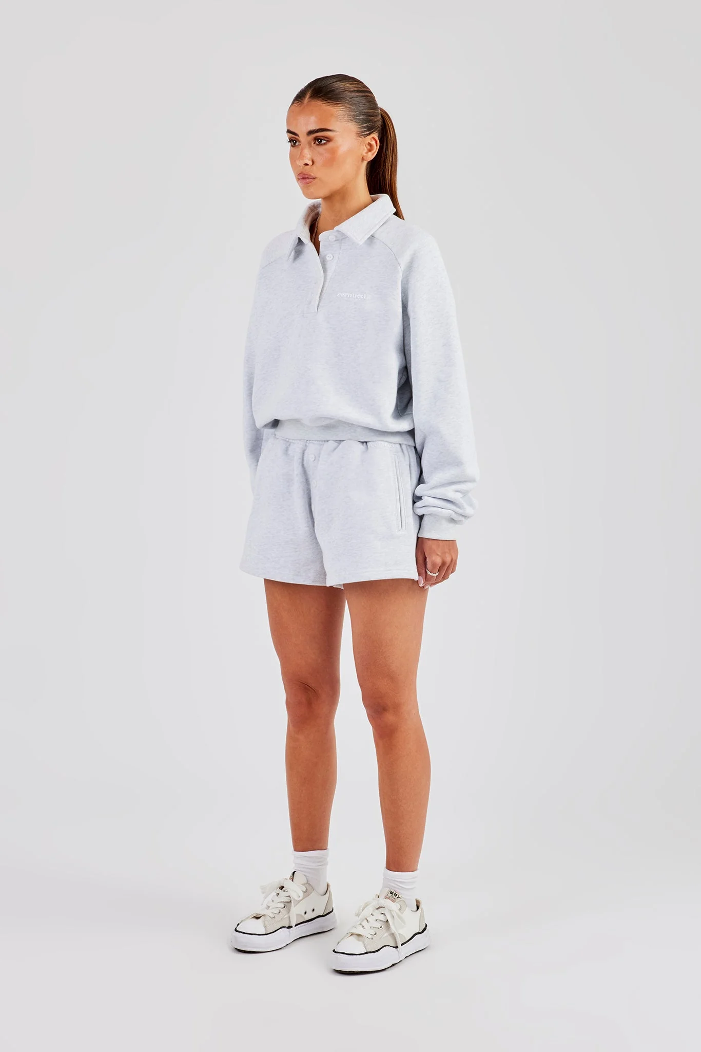 Polo Sweatshirt & Button Detail Short - Heather Grey - Image 2