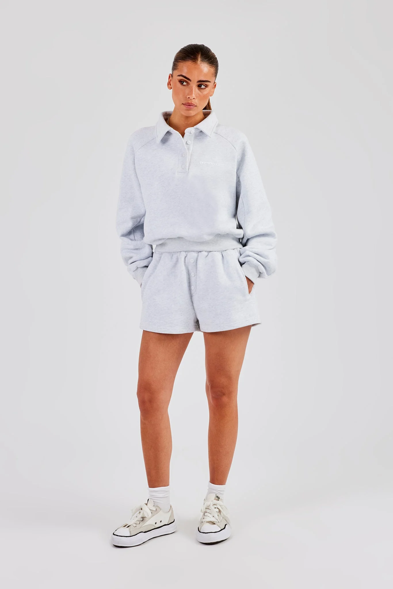 Polo Sweatshirt & Button Detail Short - Heather Grey - Image 3