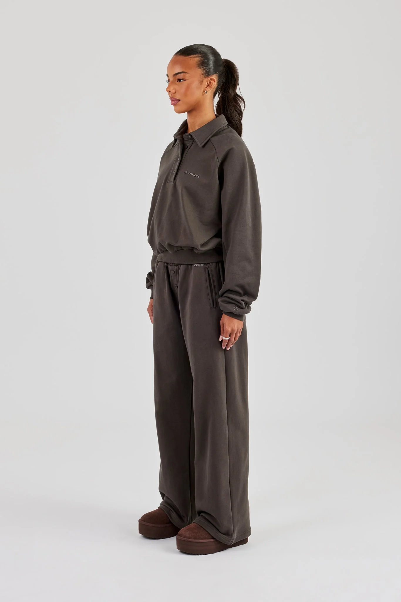Polo Sweatshirt & Wide Leg Jogger - Coffee - Image 2