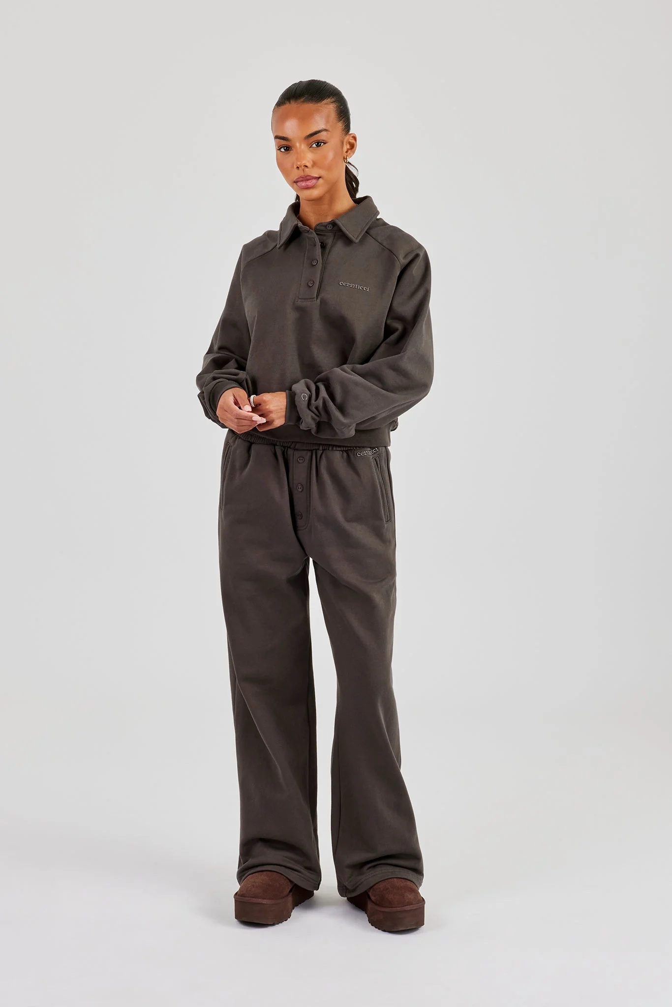 Polo Sweatshirt & Wide Leg Jogger - Coffee - Image 4