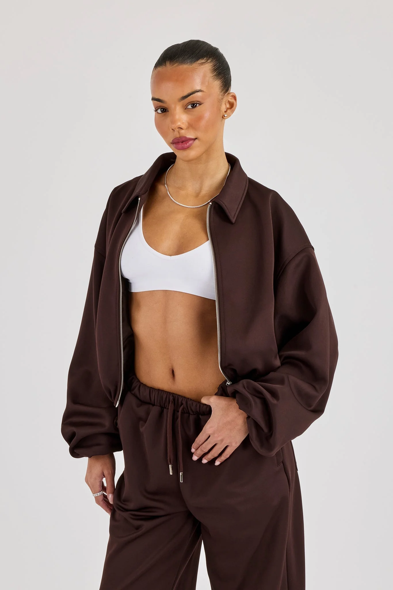 Poly Collared Bomber Jacket - Chocolate - Image 2