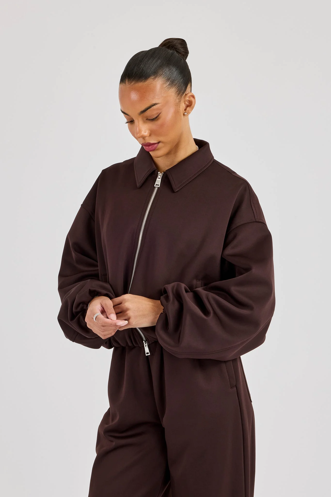 Poly Collared Bomber Jacket - Chocolate - Image 3