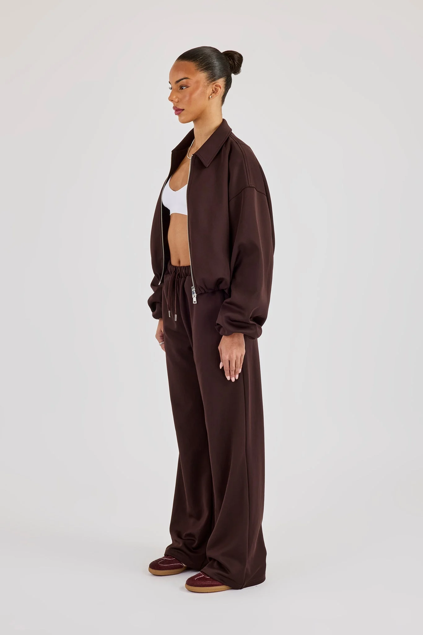 Poly Collared Bomber Jacket & Wide Leg Trouser - Chocolate - Image 3