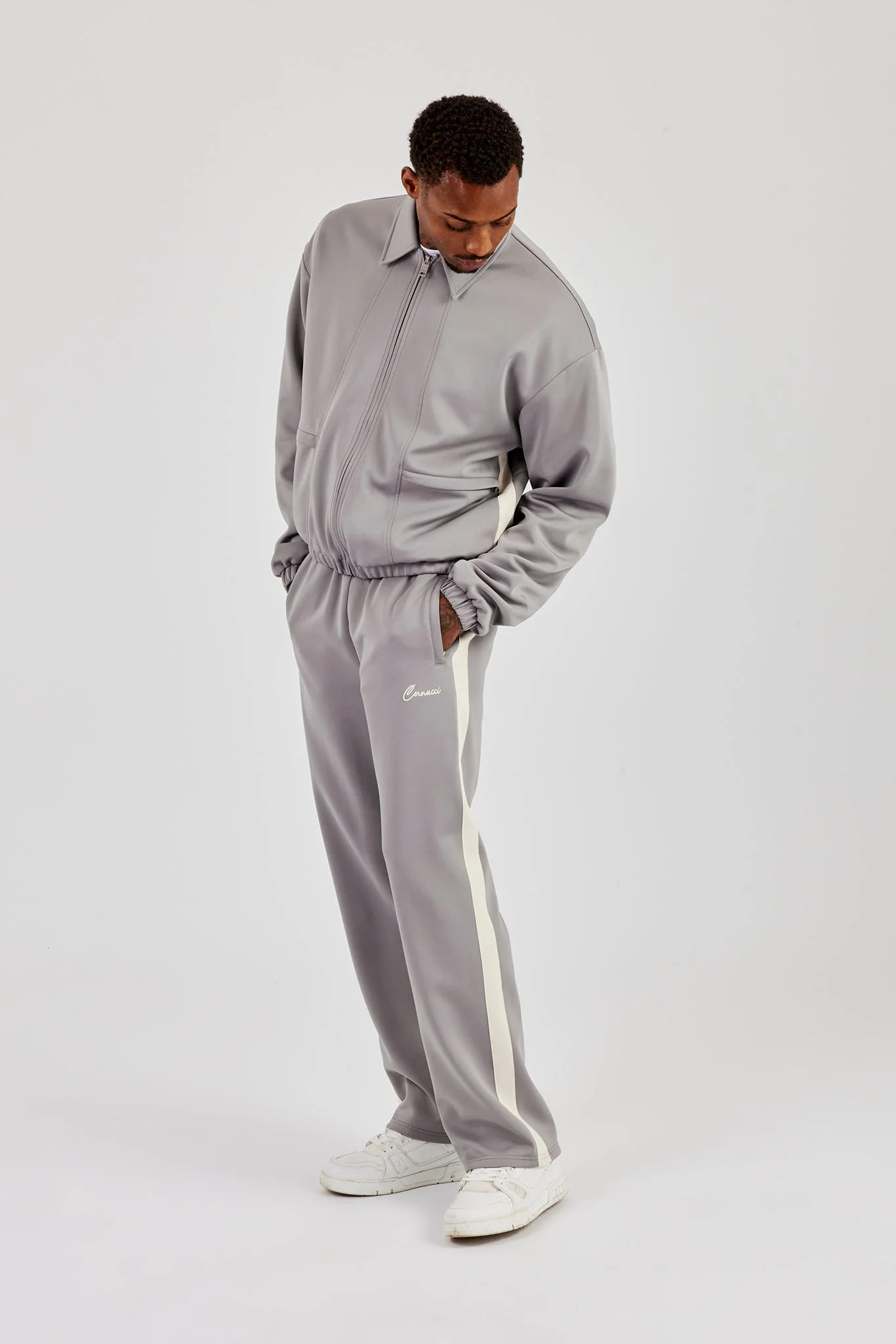Poly Contrast Track Jacket & Relaxed Trouser - Grey - Image 4