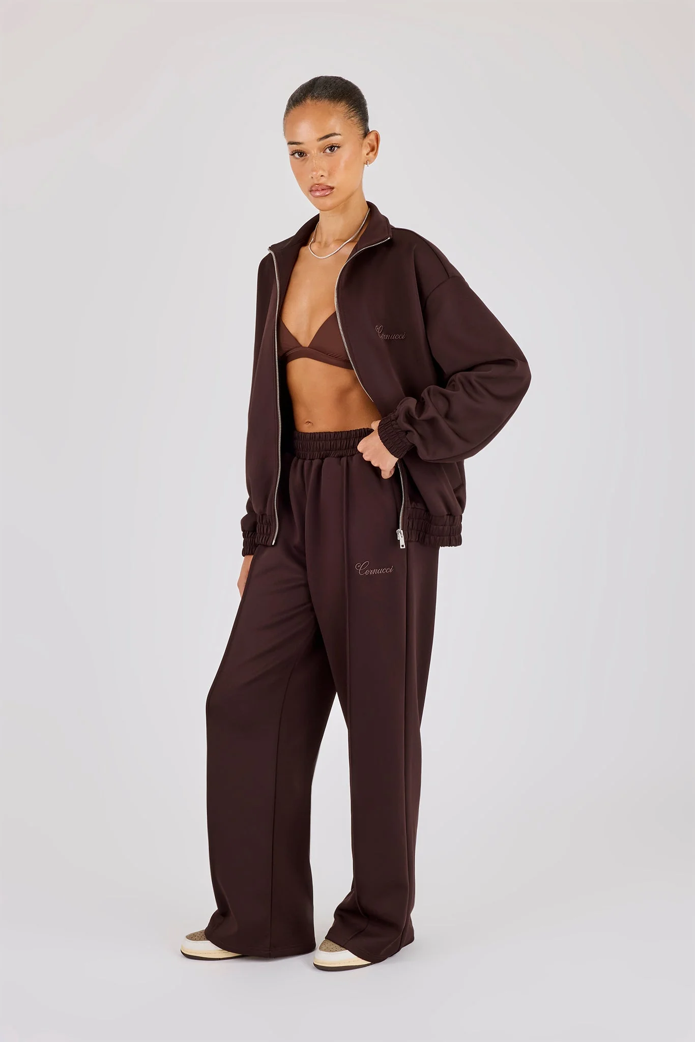 Poly Embroidered Track Jacket & Wide Leg Jogger - Brown - Image 2