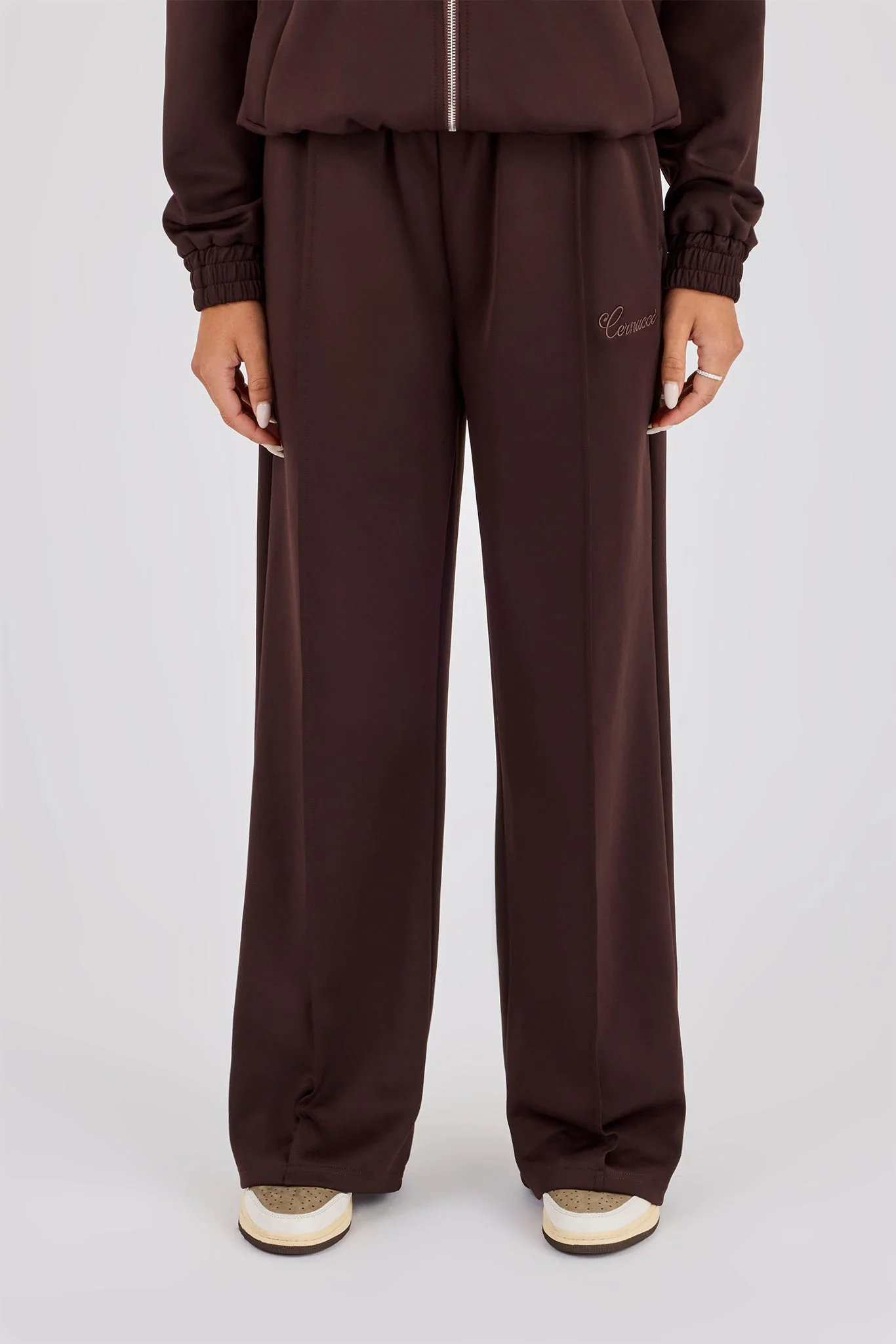 Poly Embroidered Wide Leg Jogger - Brown - Image 2