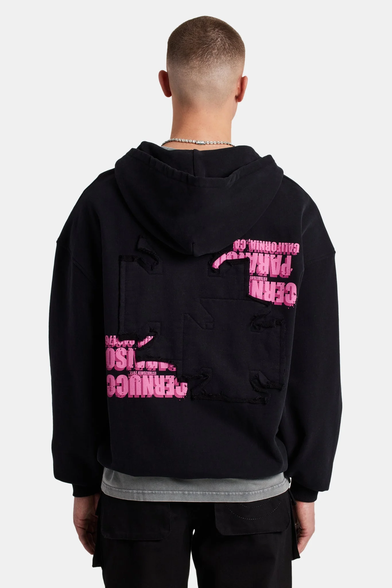 Printed Applique Zip Hoodie - Black - Image 5