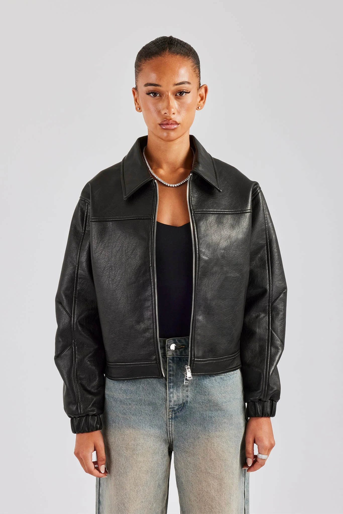PU Embroidered Harrington Jacket - Black - Image 2