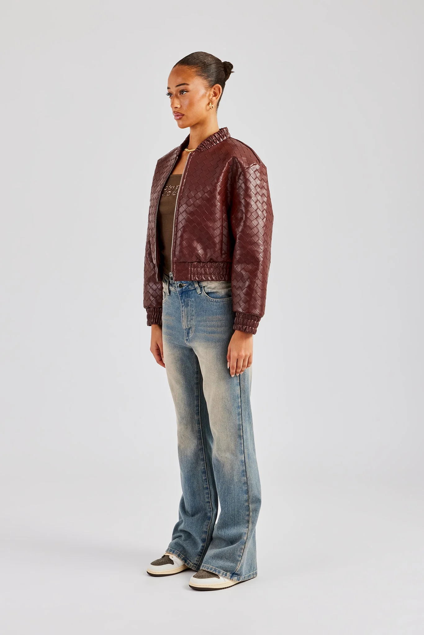 PU Lattice Bomber Jacket - Chocolate - Image 2
