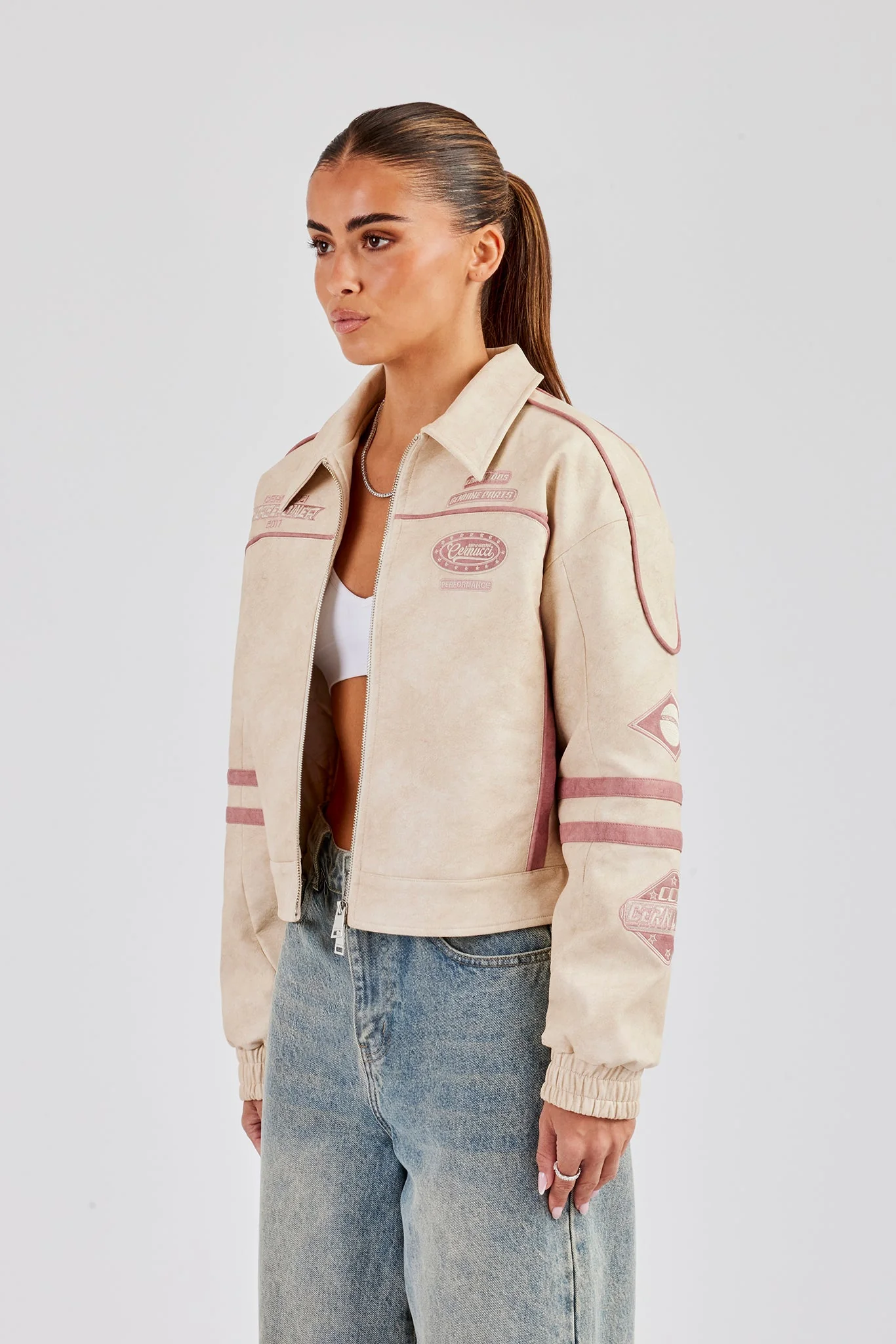 PU Moto Badge Harrington Jacket - Off White - Image 3
