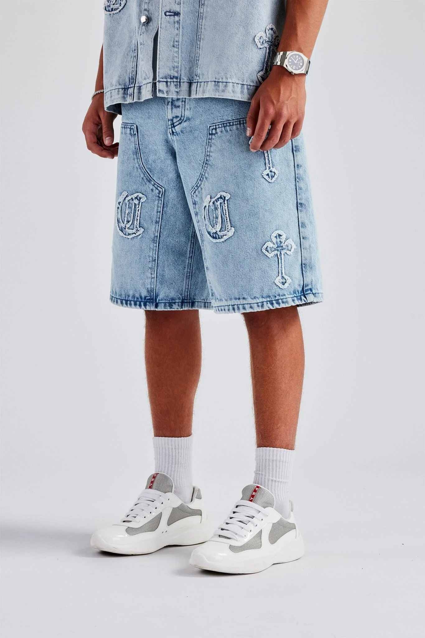 Raw Edge Applique Carpenter Bermuda Denim Short - Ice Blue - Image 2