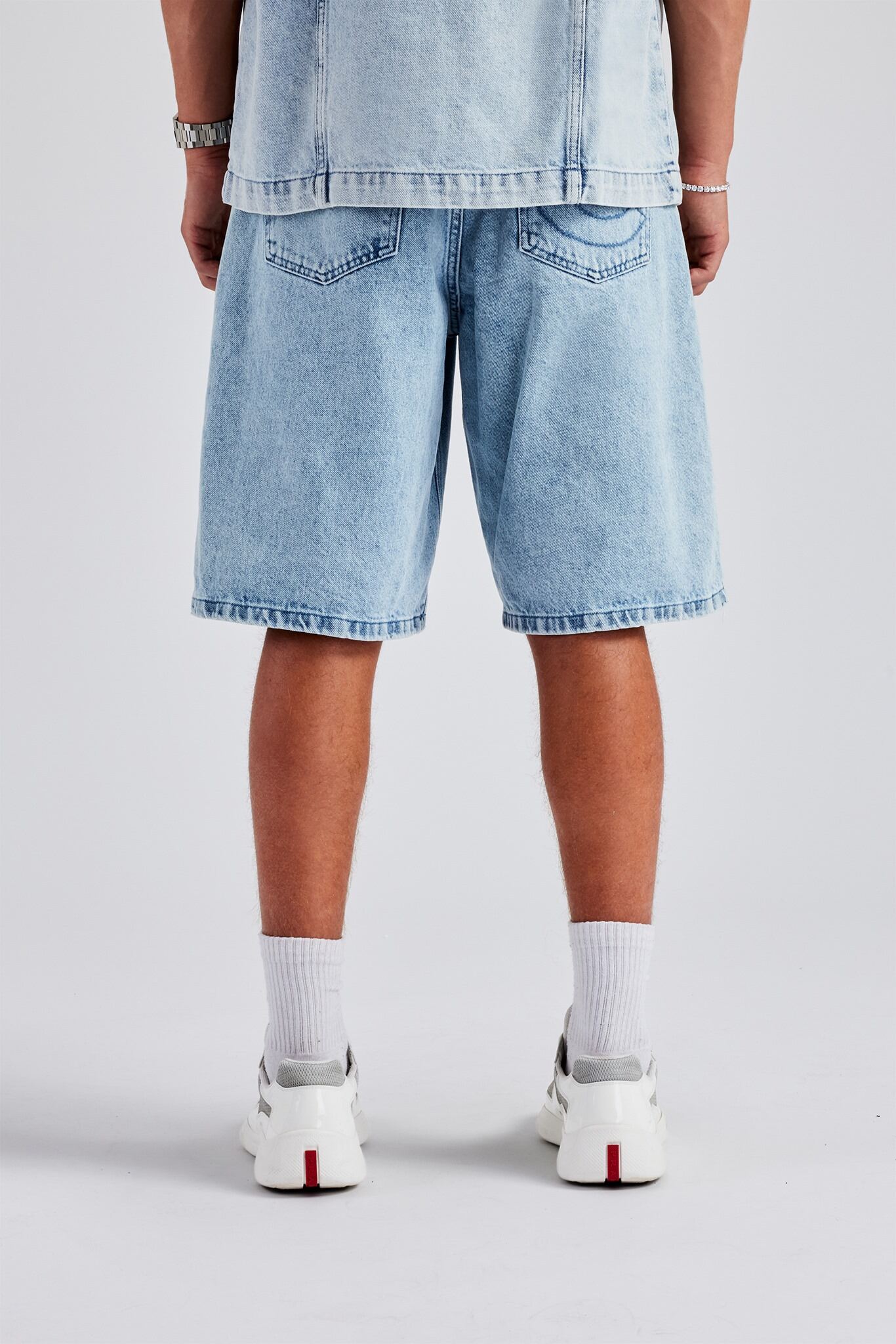 Raw Edge Applique Carpenter Bermuda Denim Short - Ice Blue - Image 3