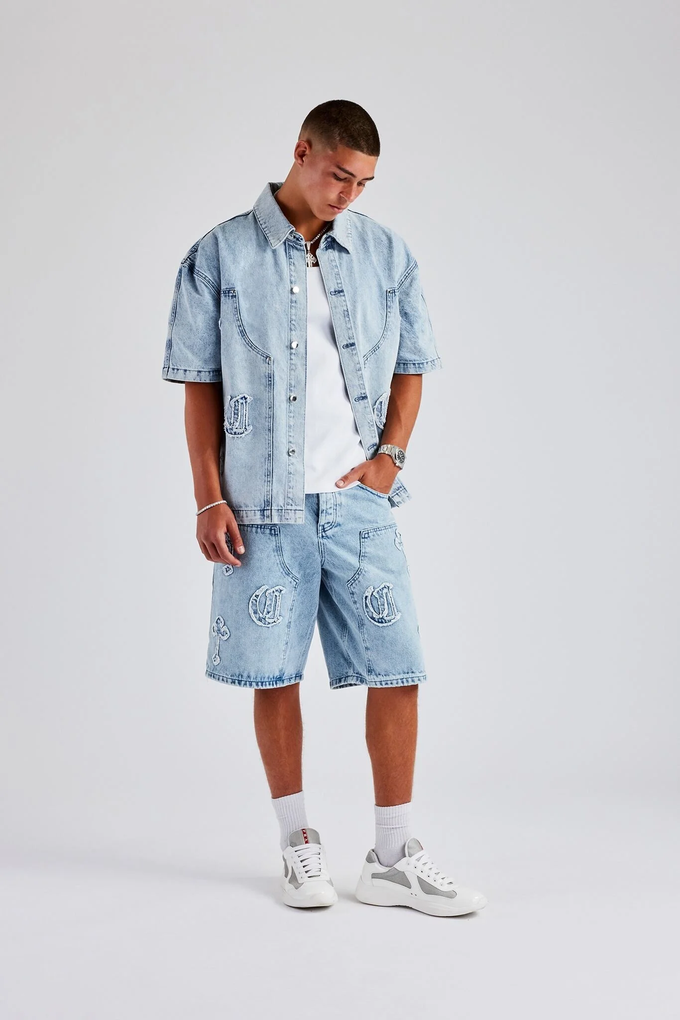 Raw Edge Applique Carpenter Bermuda Denim Short - Ice Blue - Image 4